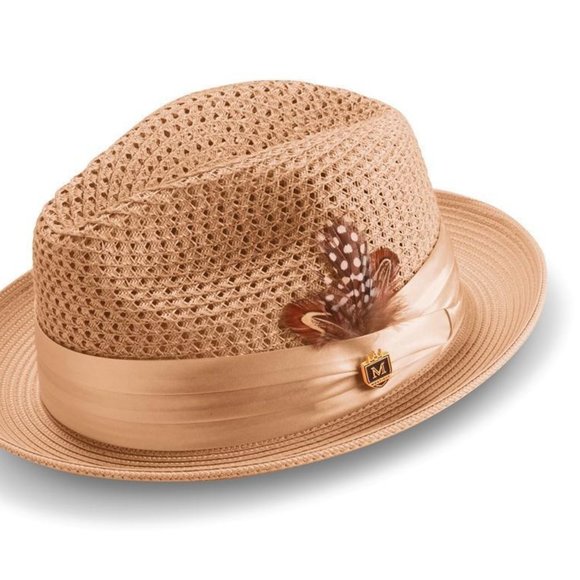 Montique TAN Color Pinch Braided Fedora With Matching Satin Ribbon   H 34 - Picture 2 of 2